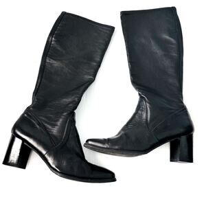 Stuart Weitzman leather knee high pull on heeled boots black size 9.5